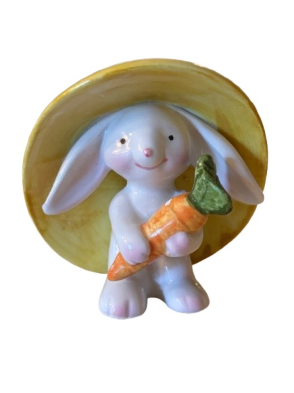 Vintage Napco White Bunny Figurine with Yellow Hat 2.75” Anthropomorphic Kitsch